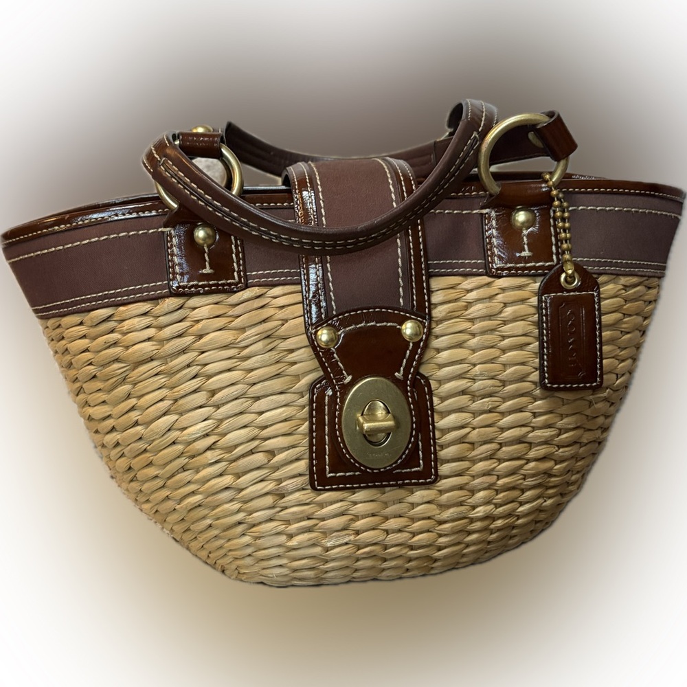 Coach Woven Straw Tote with Brown Leather Trim and Gold Hardware